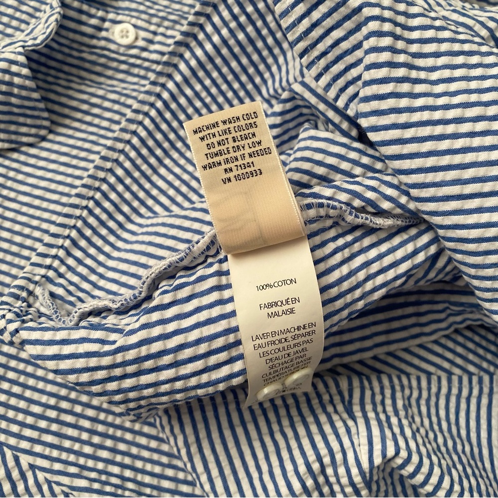 LL Bean Seersucker Shirt Medium Women Popover Striped Blue - Picture 6 of 11